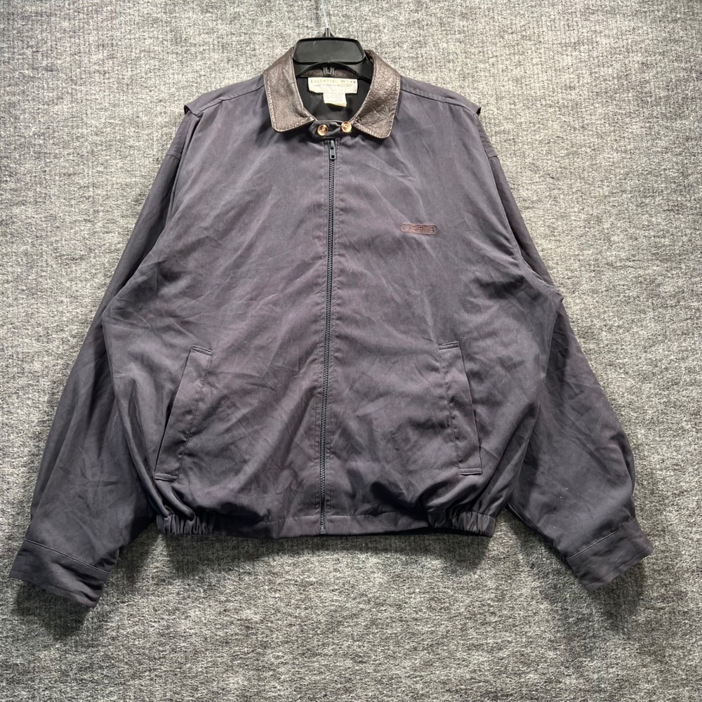 Essential Wear USANA Mens Large Navy Blue Harrington Jacket Leather Collar